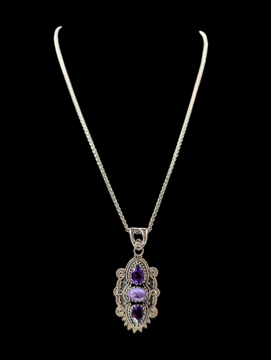 Vintage Genuine Amethyst and Charoite Sterling Silver Artisan Pendant