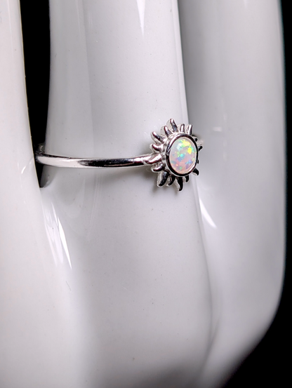 Vintage Inspired Dainty Round Cut Cabochon Genuine Opal Sunburst Stackable Sterling Silver Ring