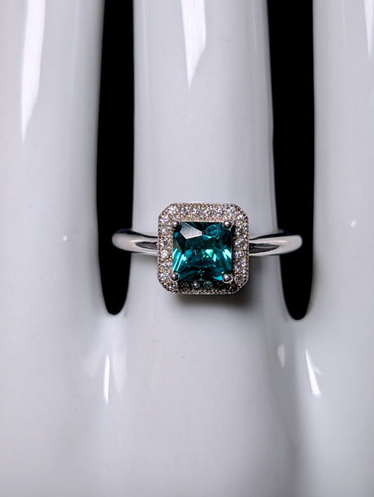 Vintage Inspired Princess Cut Simulated Topaz Solitaire and Diamond Halo Sterling Silver Ring