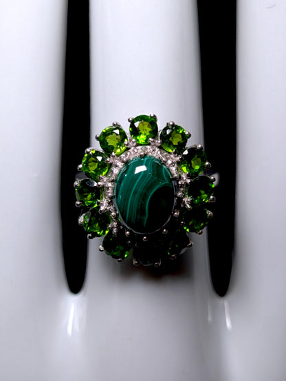 Vintage Genuine Malachite Solitaire and Chrome Diopside Halo Sterling Silver Ring