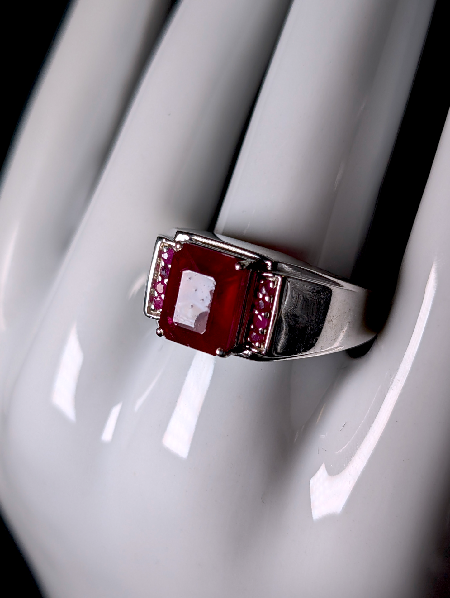 Vintage Emerald Cut Earth Mined Genuine Ruby Solitaire Sterling Silver Men's Ring