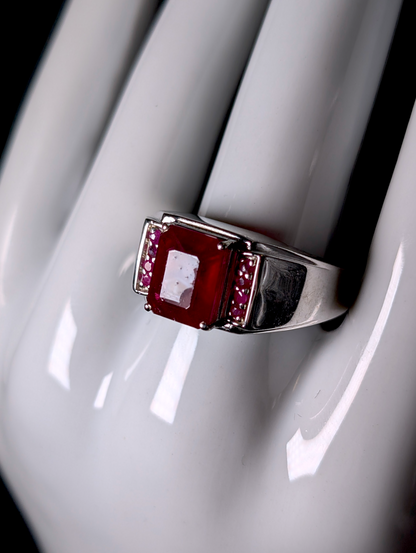 Vintage Emerald Cut Earth Mined Genuine Ruby Solitaire Sterling Silver Men's Ring