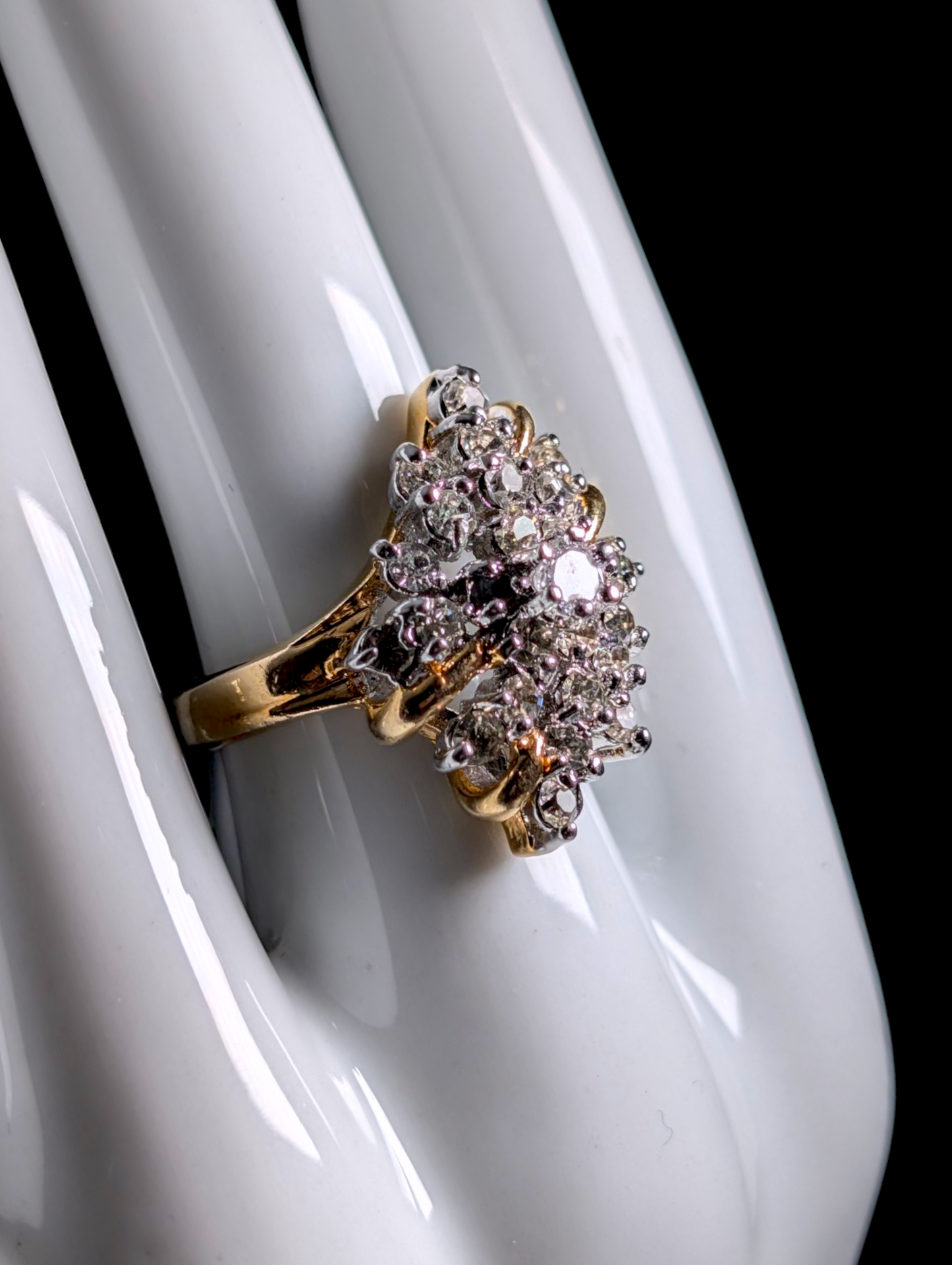 Vintage Round Cut Simulated Diamond Cluster Waterfall 18K Yellow Gold Vermeil Cocktail Statement Ring
