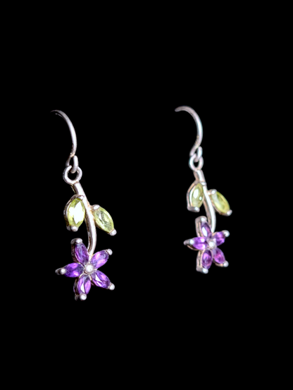 Vintage Flower Prong Set Genuine Amethyst and Peridot Sterling Silver Earrings