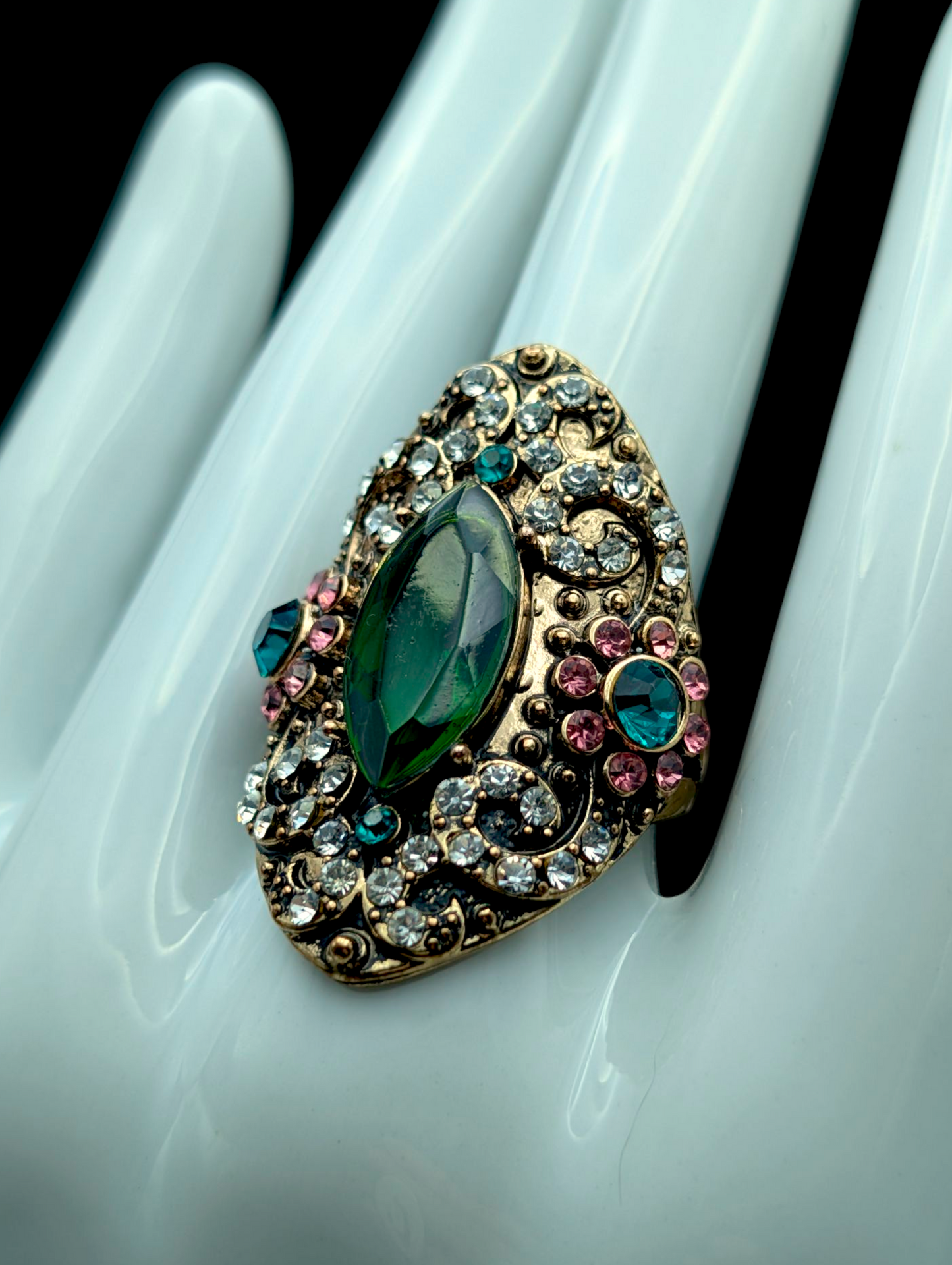 Vintage Turkish Ottoman Style Large Simulated Emerald and Multi Rhinestone Antique Gold Toned Statement Ring (Copy)