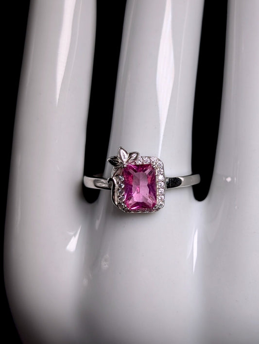 Art Nouveau Inspired Radiant Cut Genuine Pink Tourmaline Solitaire Sterling Silver Ring