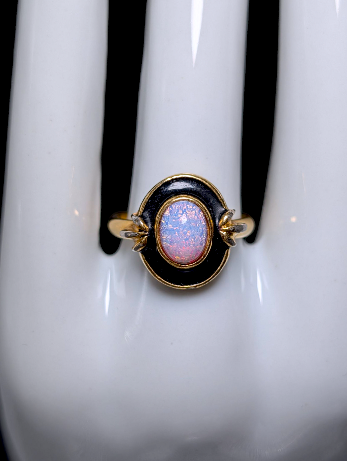 Vintage Art Deco Inspired Black Enamel Cabochon Cut Simulated Fire Opal Gold Toned Ring