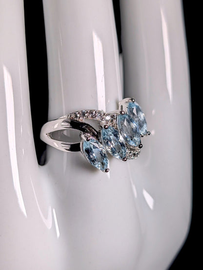 Vintage Marquise Cut Genuine Aquamarine with White Topaz Accents Sterling Silver Ring