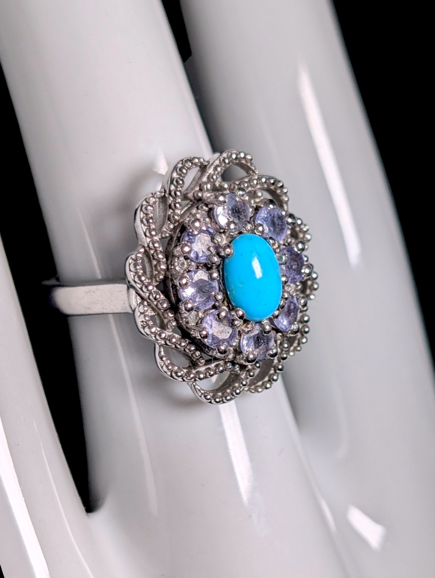 Vintage Cabochon Cut Solitaire Genuine Sleeping Beauty Turquoise Halo Sterling Silver Filigree Ring