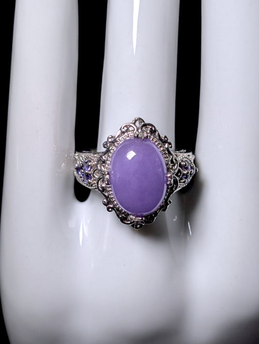 Vintage Genuine Purple Jade Solitaire, Amethyst Accents Sterling Silver Ring
