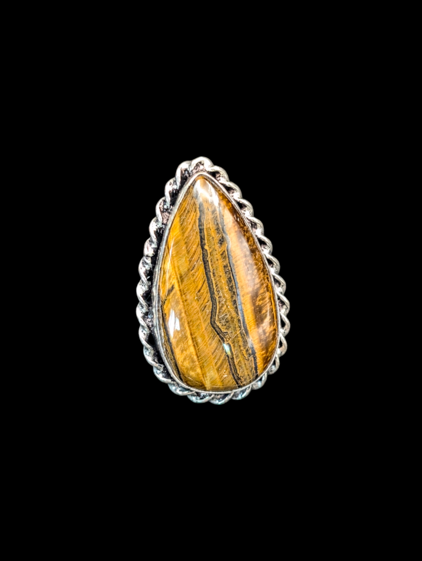 Vintage Large Pear Cut Tigers Eye Artisan Boho Gemstone Silver Ring