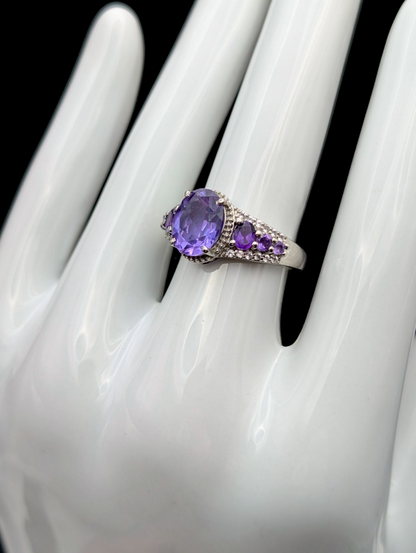 Vintage Graduating Genuine Grape Amethyst with White Zircon Halo Sterling Silver Statement Ring