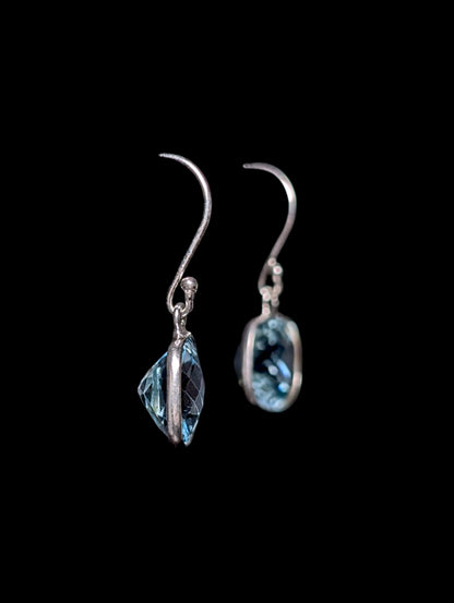 Vintage Cushion Rose Cut Genuine Swiss Blue Topaz Sterling Silver Dangle Earrings