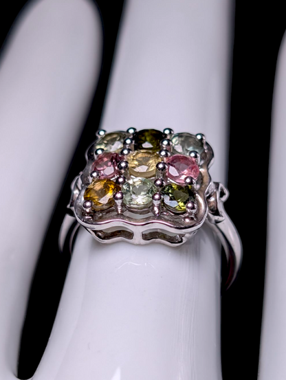 Vintage 3 Row Multi-Colored Genuine Tourmaline Round Cut Sterling Silver Ring