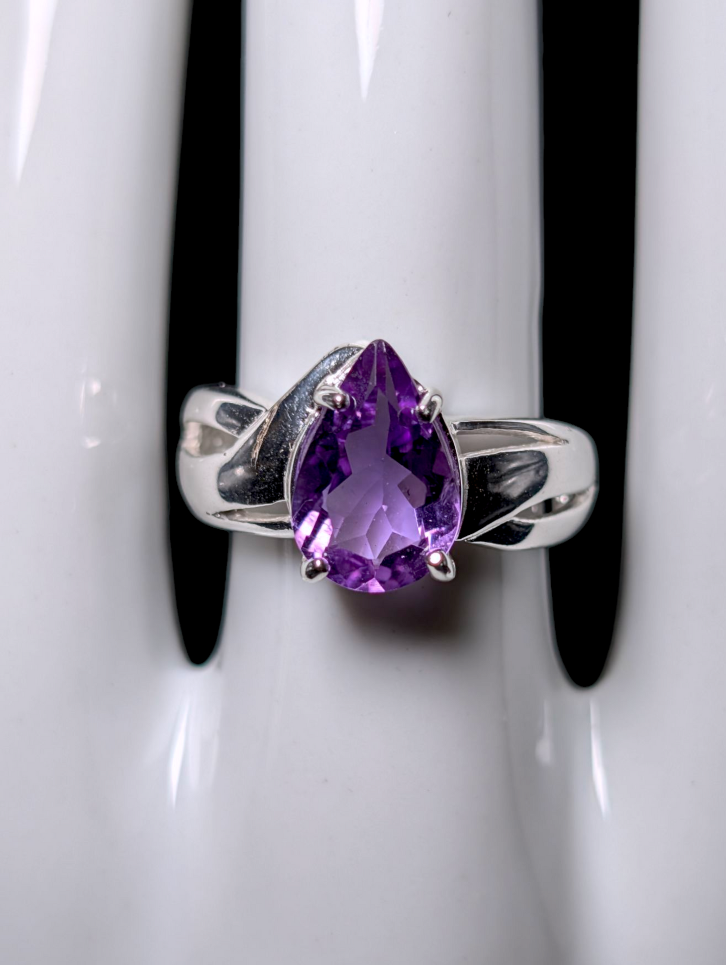 Vintage Pear Cut Genuine Amethyst Solitaire Crossover Sterling Silver Ring