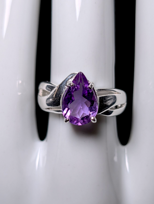 Vintage Pear Cut Genuine Amethyst Solitaire Crossover Sterling Silver Ring
