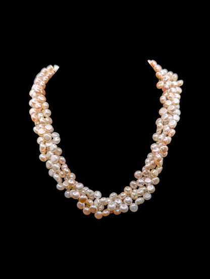 Vintage 3 Strand Ombre Coin Genuine Freshwater Pearl Necklace in White, Peach and Pink