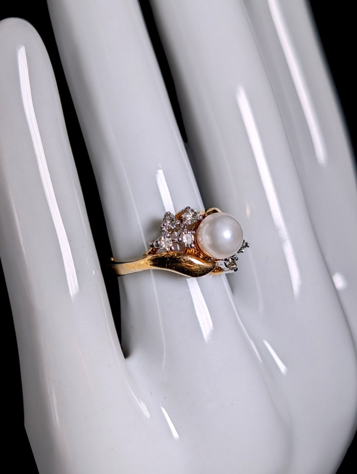 Vintage Genuine Pearl and Simulated Diamond Gold over Sterling Ring