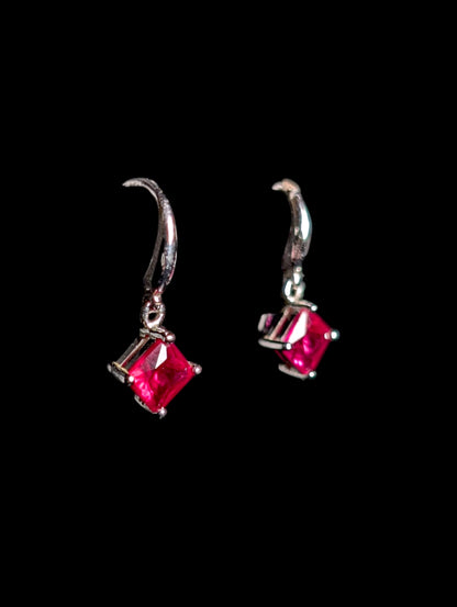 Vintage Diamond Shape Genuine Ruby Sterling Silver Dangle Earrings
