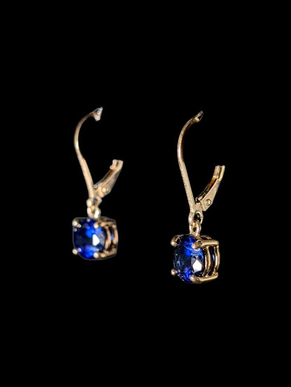 Vintage Round Cut Genuine Sapphire Gold over Sterling Dangle Earrings