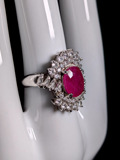 Vintage Art Deco Inspired Earth Mined Genuine Ruby Solitaire and Simulated Diamond Double Halo Sterling Silver Ring