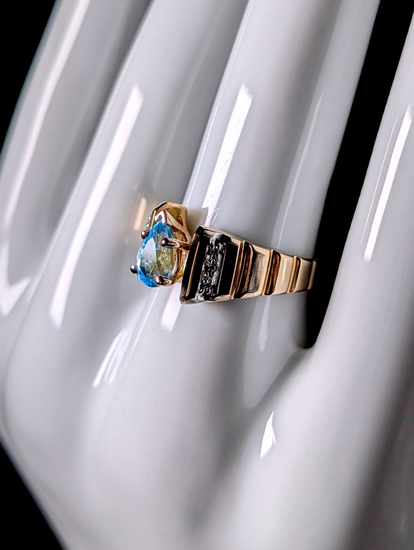 Vintage Pear Solitaire Genuine Blue Topaz and Diamond 14k Yellow Gold Ring