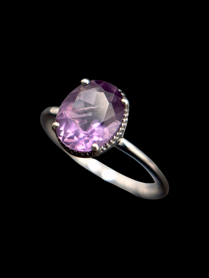 Vintage Oval Solitaire Genuine Amethyst Sterling Silver Ring