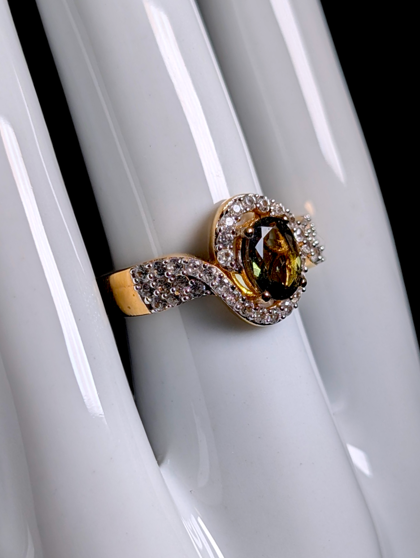 Vintage Oval Cut Genuine Moldavite Solitaire with White Zircon Accents 14kt Yellow Gold over Sterling Silver Cross Over Ring