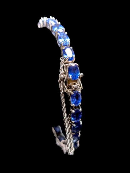 Vintage Inspired 18+ Carat Oval Cut Genuine Sapphire Sterling Silver Tennis Bracelet with 14k White Gold Safety Chain