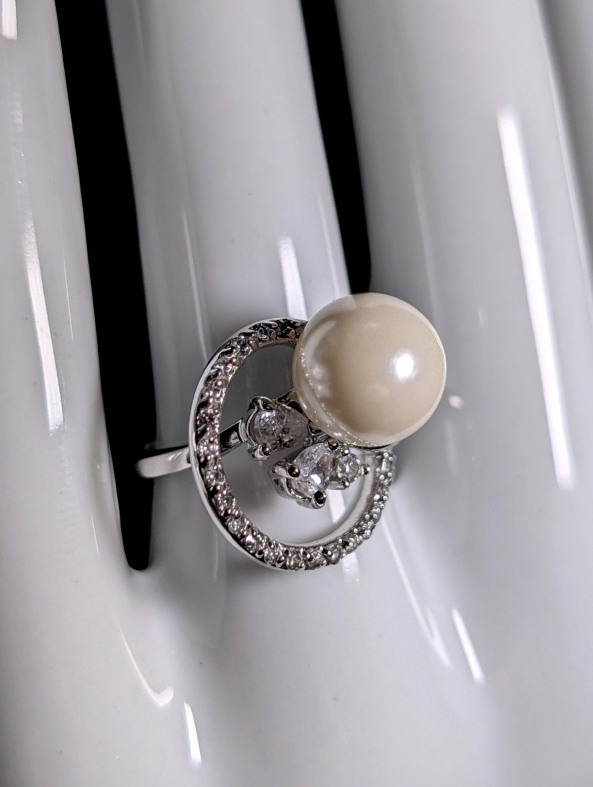 Vintage Simulated Pearl Solitaire and Simulated Diamond Accents Sterling Silver Ring