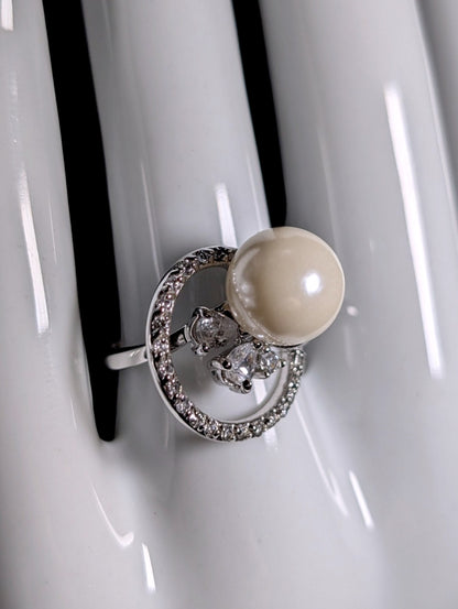 Vintage Simulated Pearl Solitaire and Simulated Diamond Accents Sterling Silver Ring