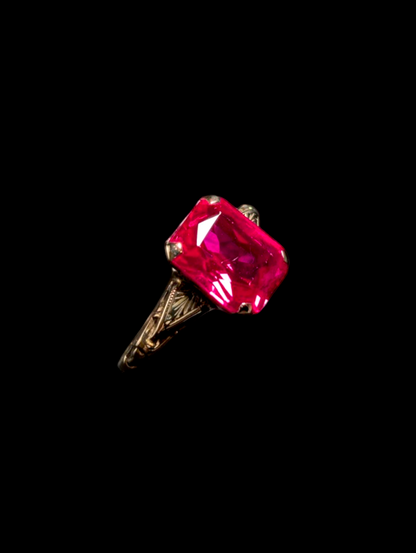 Antique Edwardian 3.5 Carat 10k Solid Yellow Gold Genuine Ruby Radiant Emerald Cut Solitaire Ring