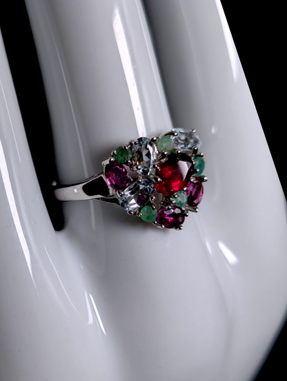 Vintage Heart Multi-Gemstone Genuine Emerald, Garnet, Aquamarine Fruit Cocktail Cluster Sterling Silver Statement Ring