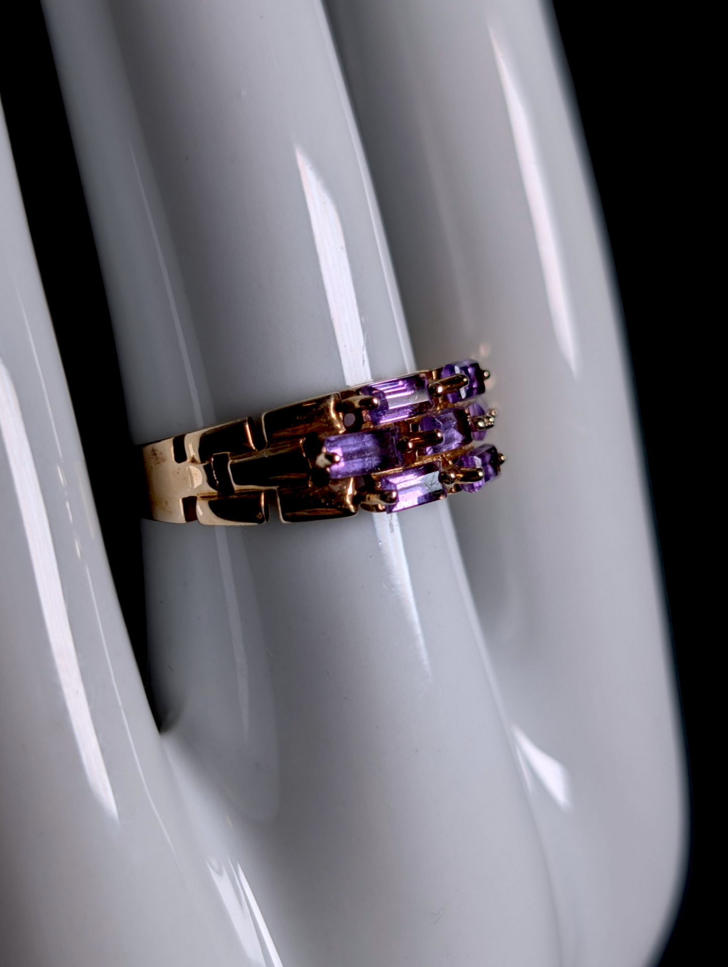 Vintage Baguette Cut Genuine Purple Tourmaline Cluster Row 10k Solid Yellow Gold Ring