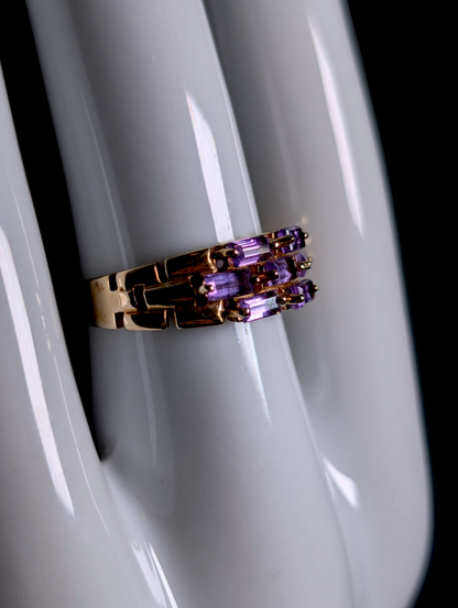 Vintage Baguette Cut Genuine Purple Tourmaline Cluster Row 10k Solid Yellow Gold Ring