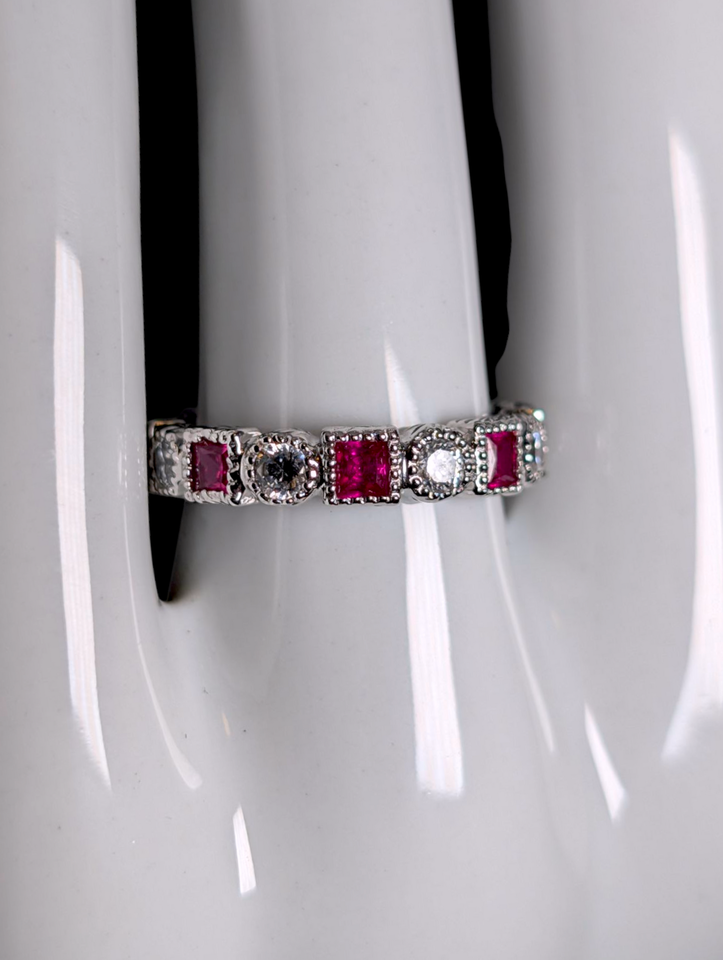 Vintage Alternating Genuine Red Ruby and Simulated Diamond Sterling Silver Band Ring