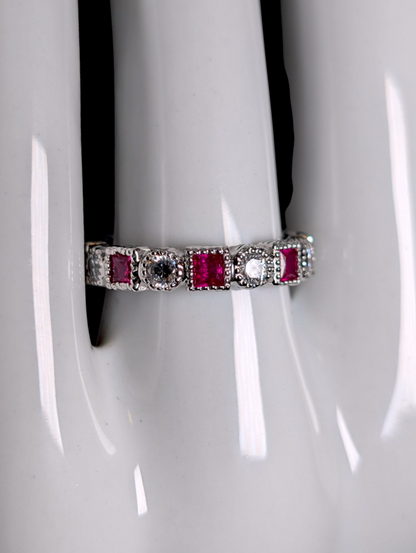 Vintage Alternating Genuine Red Ruby and Simulated Diamond Sterling Silver Band Ring
