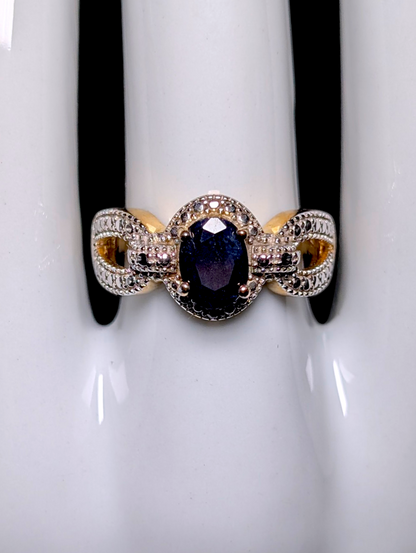 Vintage Dee Berkley Oval Cut Genuine Blue Sapphire Solitaire with Diamond Accented Halo 18kt Yellow Gold over Sterling Silver Ring