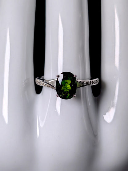 Vintage Genuine Chrome Diopside Solitaire and White Topaz Sterling Silver Ring
