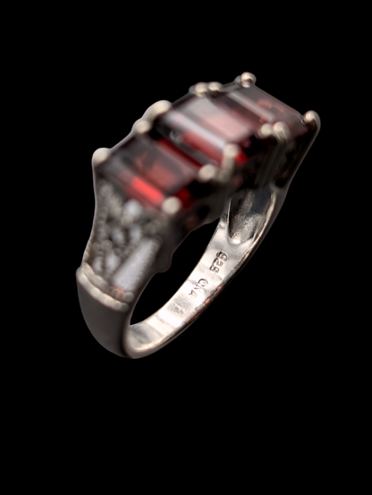 Vintage Emerald Cut Genuine Garnet Trio Sterling Silver 925 Ring