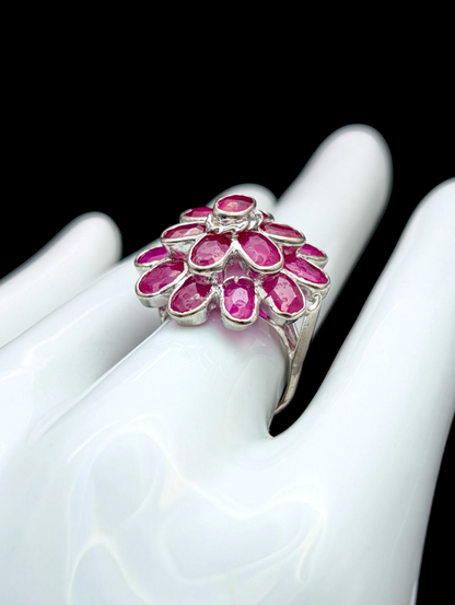 Vintage 11 Carat Bezel Set Earth Mined Genuine Ruby Cluster Ballerina 18k White Gold Plated Statement Ring