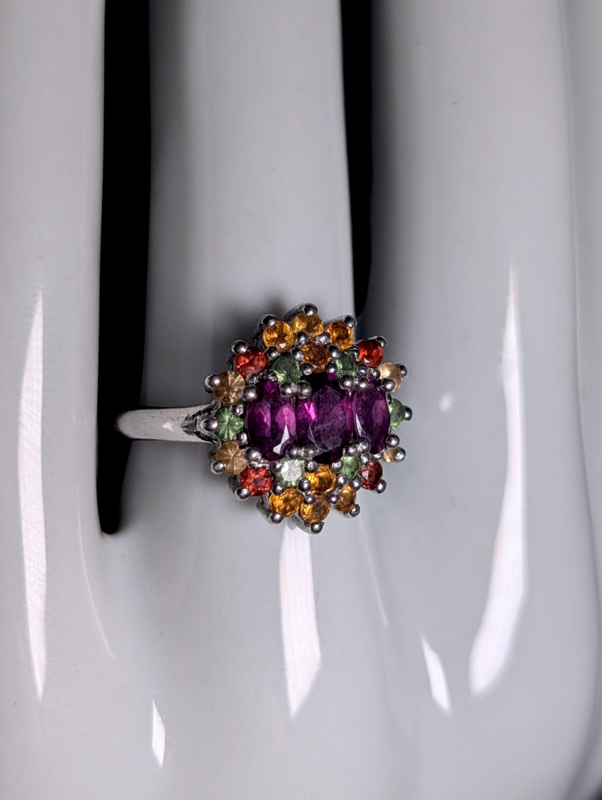 Vintage Fruit Cocktail Genuine Garnet and Mixed Gemstone Sterling Silver Ring