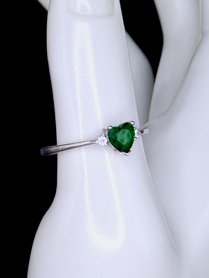 Vintage Inspired Heart Cut Simulated Emerald Solitaire Dainty Silver Toned Ring