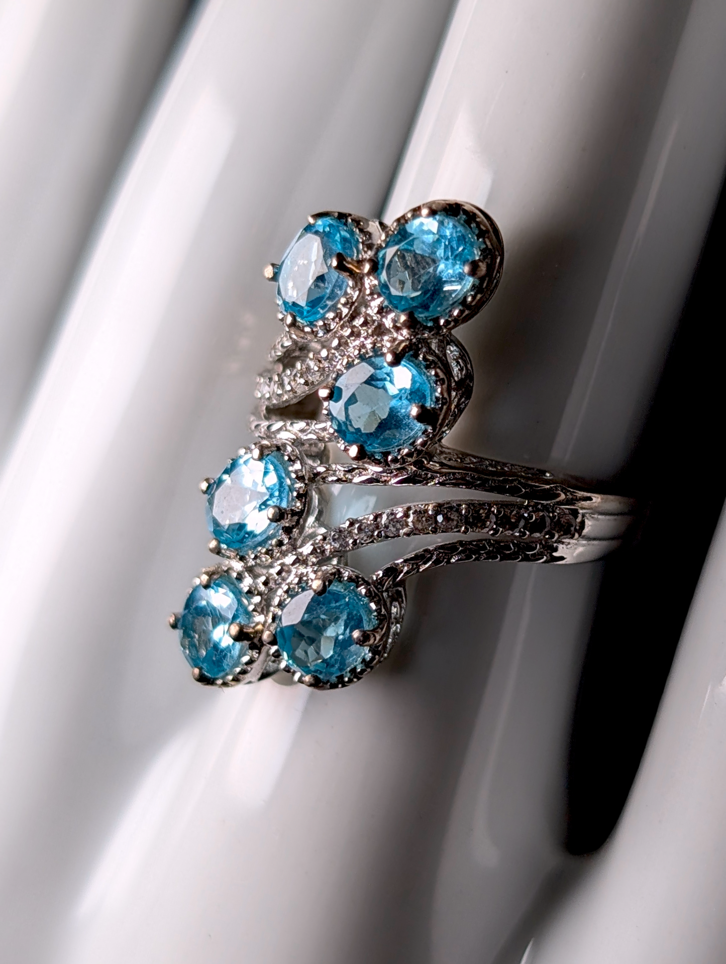 Vintage Six Stone Genuine Blue Apatite and White Zircon Sterling Silver Cocktail Ring