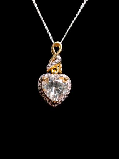Vintage Heart Cut Genuine White Topaz with Sterling Silver Studded Halo Gold over Silver Pendant