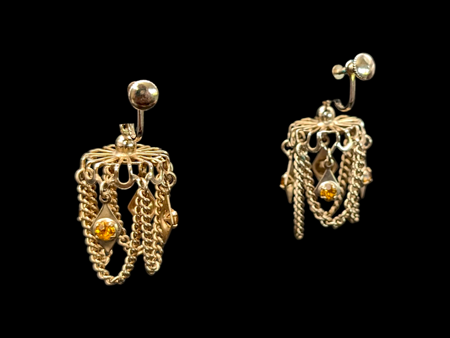 1950s - 1960s Amber Rhinestone Cascading Swag Chain Chandelier Earrings in Gold