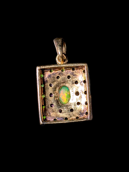 Vintage Genuine Ethiopian Opal Solitaire, Emerald, and Pink Tourmaline Double Halo 14k Gold over Sterling Silver Square Shaped Pendant