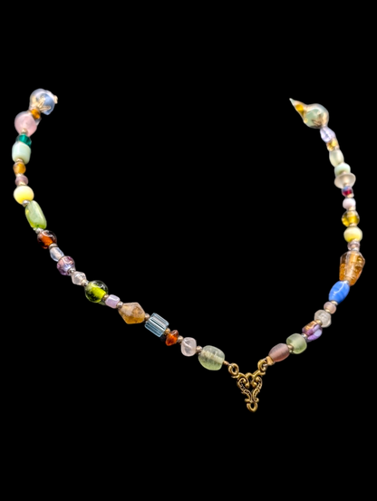 Vintage Multicolor Mixed Gemstone and Crystal Necklace with Filigree Pendant