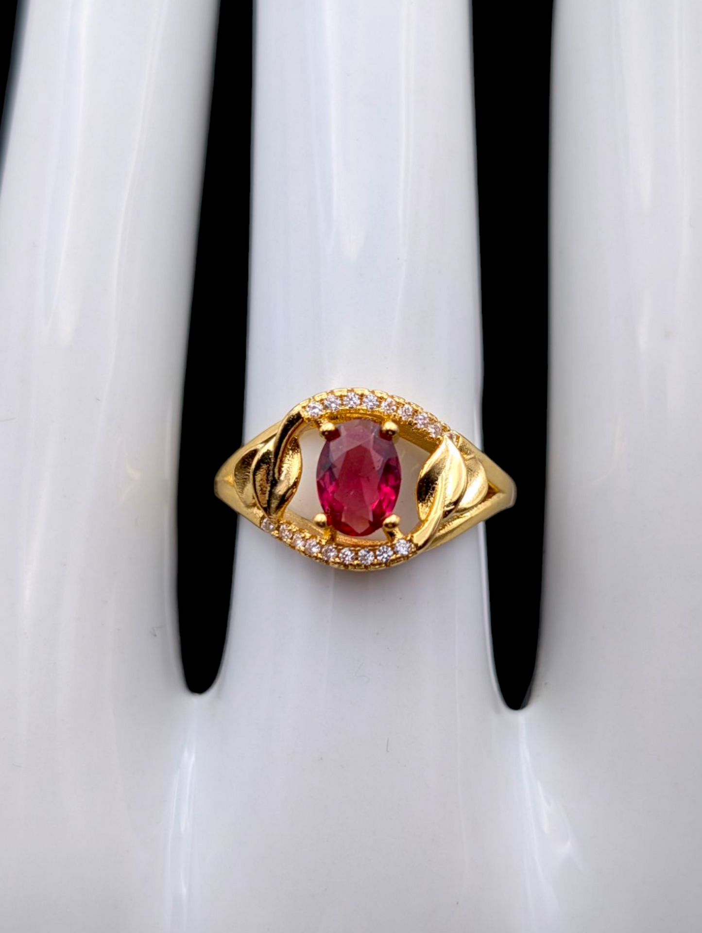 Vintage Simulated Pink Sapphire and Simulated Diamond Accented Leaf Gold Tone Statement Ring