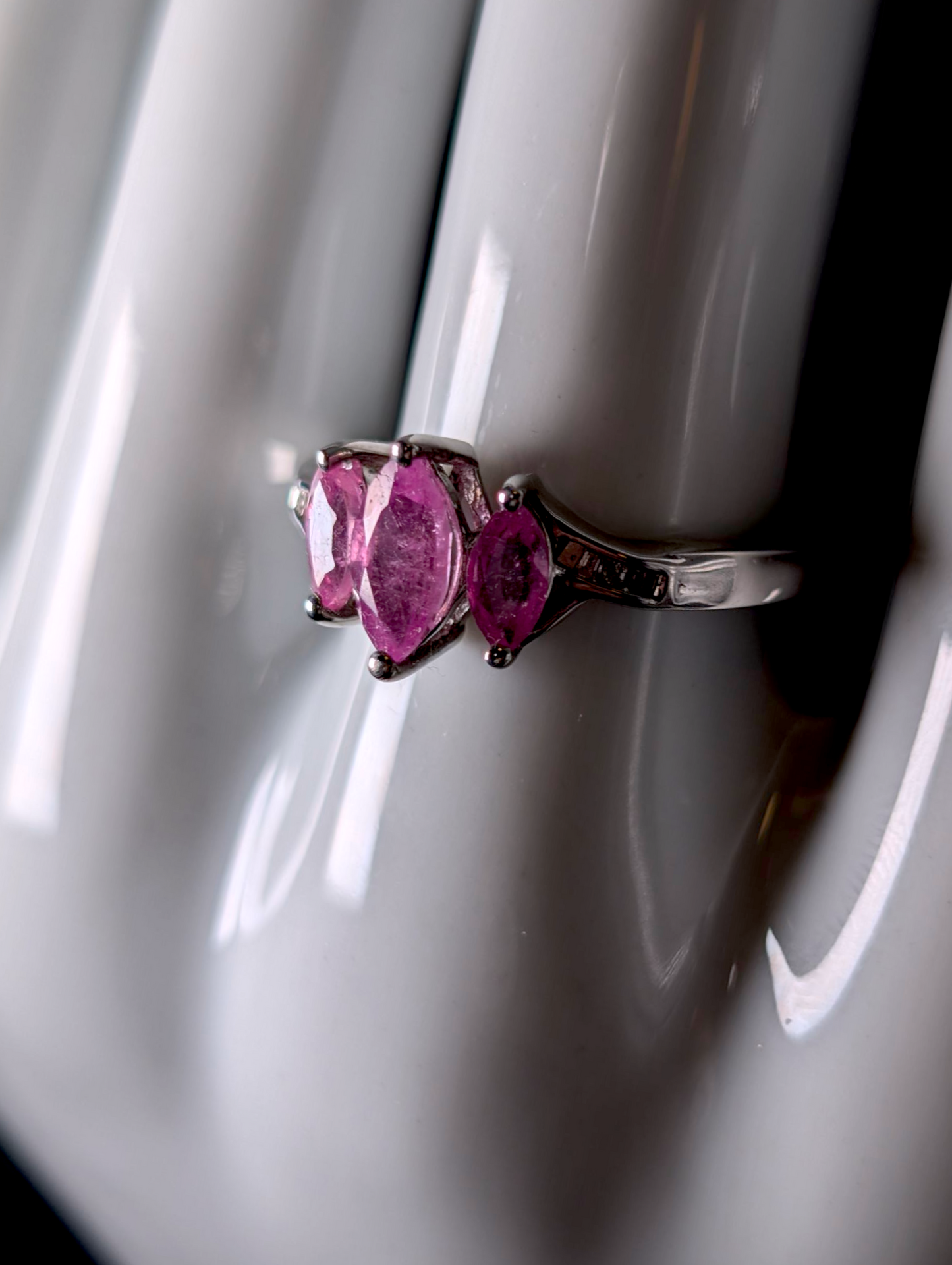 Vintage Marquise Cut Trio Genuine Pink Ruby Sapphire and Diamond Accent Sterling Silver Ring